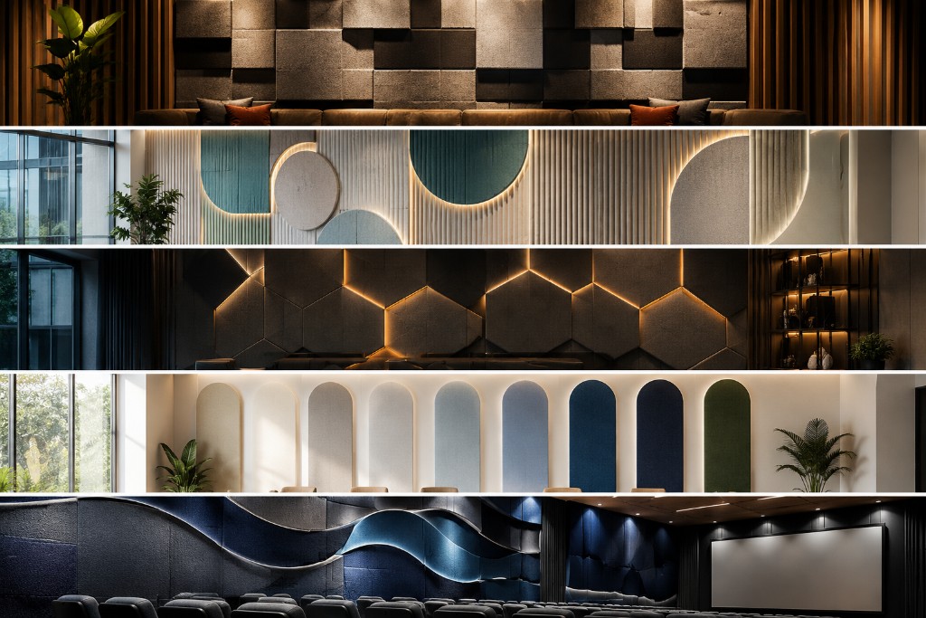 Five modern acoustic wall designs including geometric stone panels, circular slat features, hexagonal backlit panels, arched gradient arches, and a cinematic theater installation