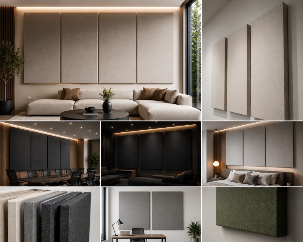 Collage of fabric-wrapped acoustic wall panels in living rooms, conference rooms, bedrooms, and offices