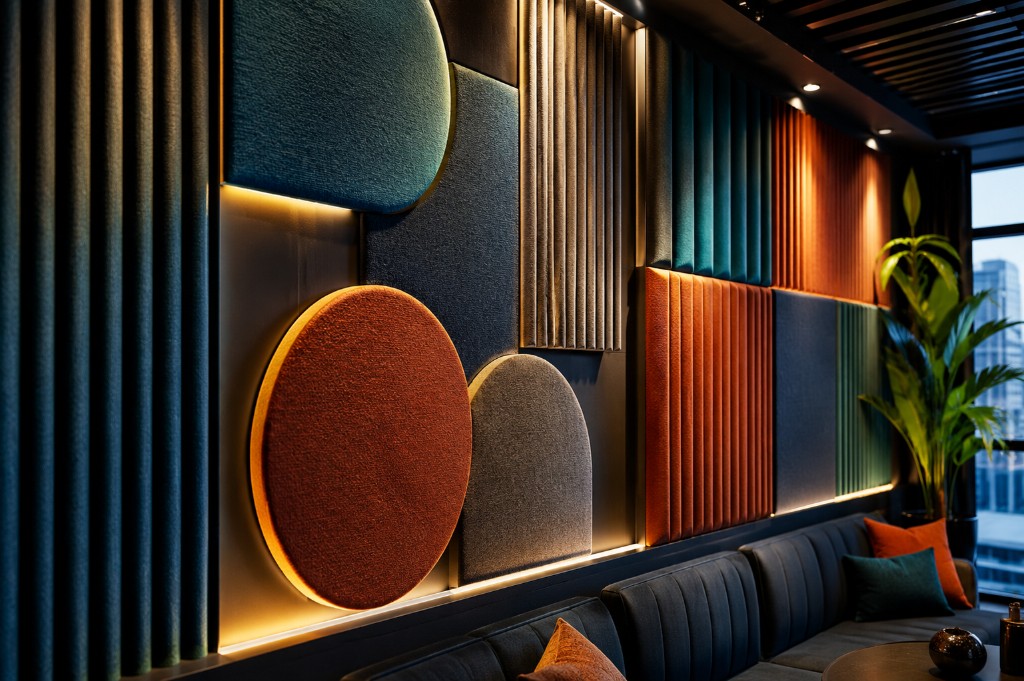 Geometric acoustic wall panels with warm backlighting in a modern commercial lounge