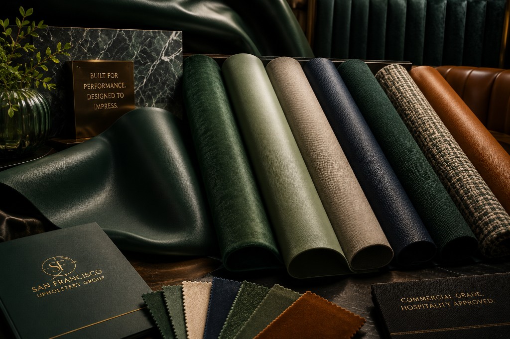 Commercial-grade vinyl, leather, and performance fabric samples arranged for hospitality upholstery selection