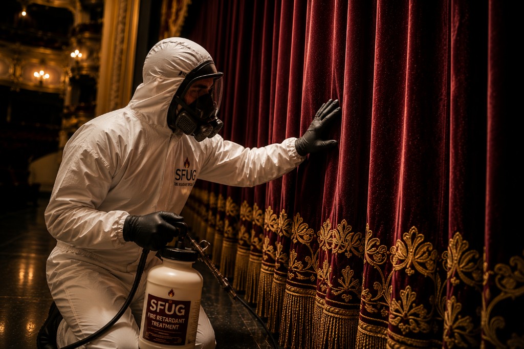 SFUG fire retardant specialist treating theater stage curtains in full protective gear