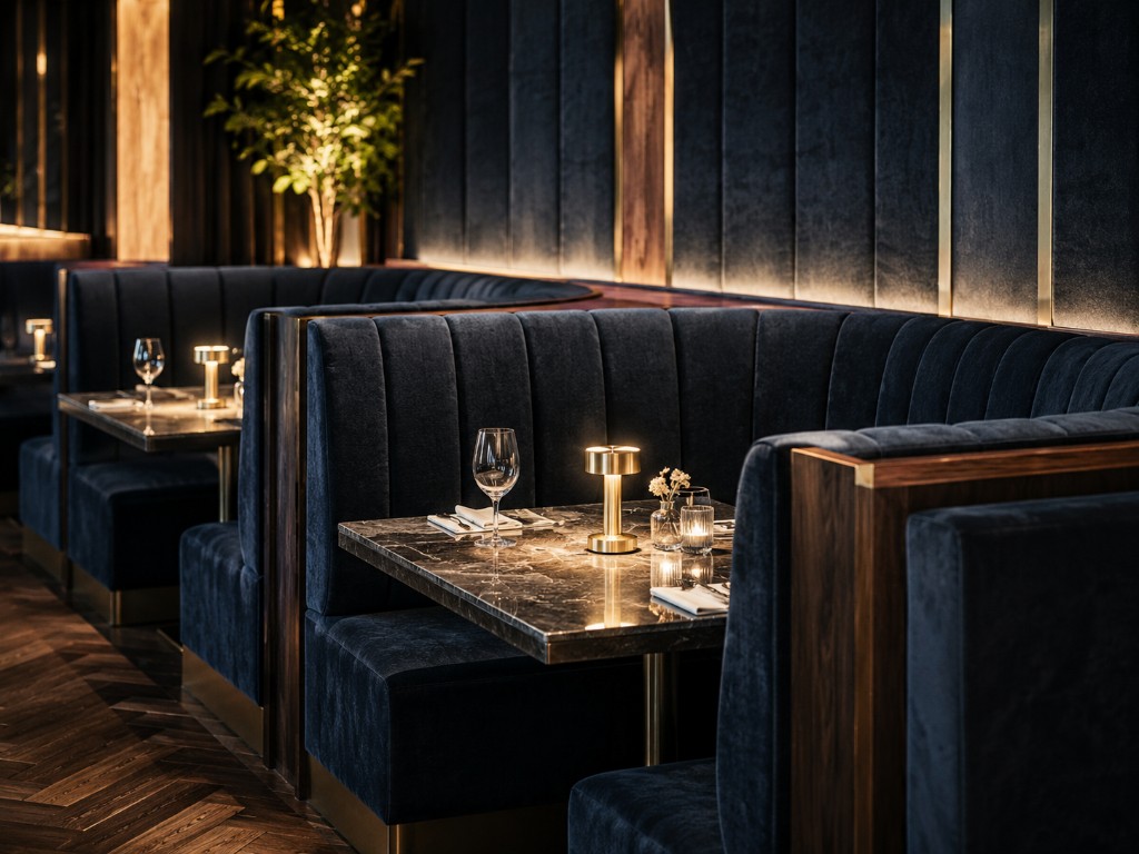 Navy velvet restaurant booths and upholstered wall panels in a commercial dining room