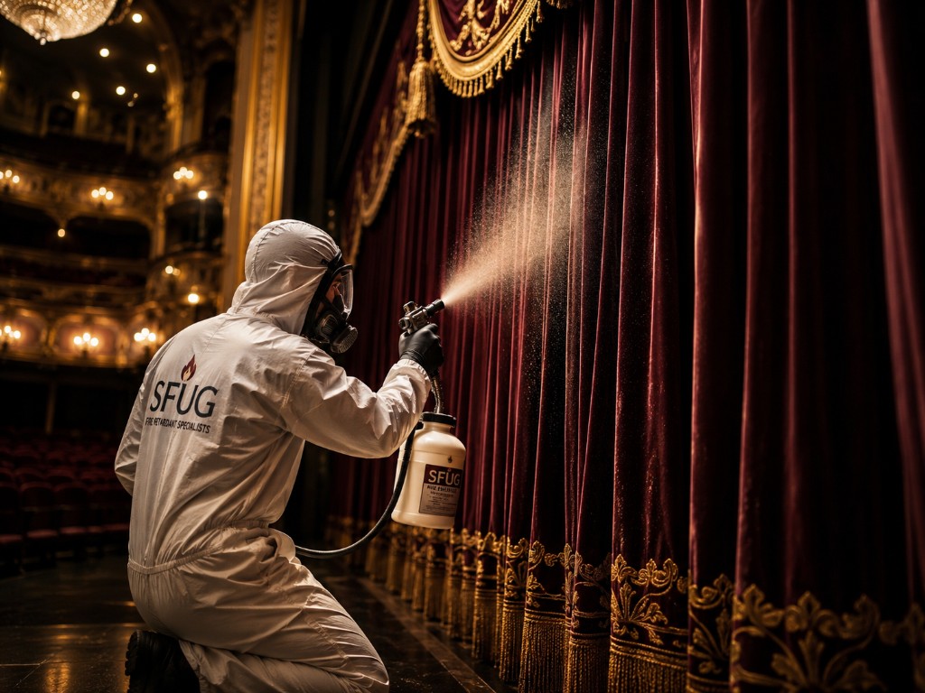 SFUG fire retardant specialist applying treatment to theater stage curtains in protective gear