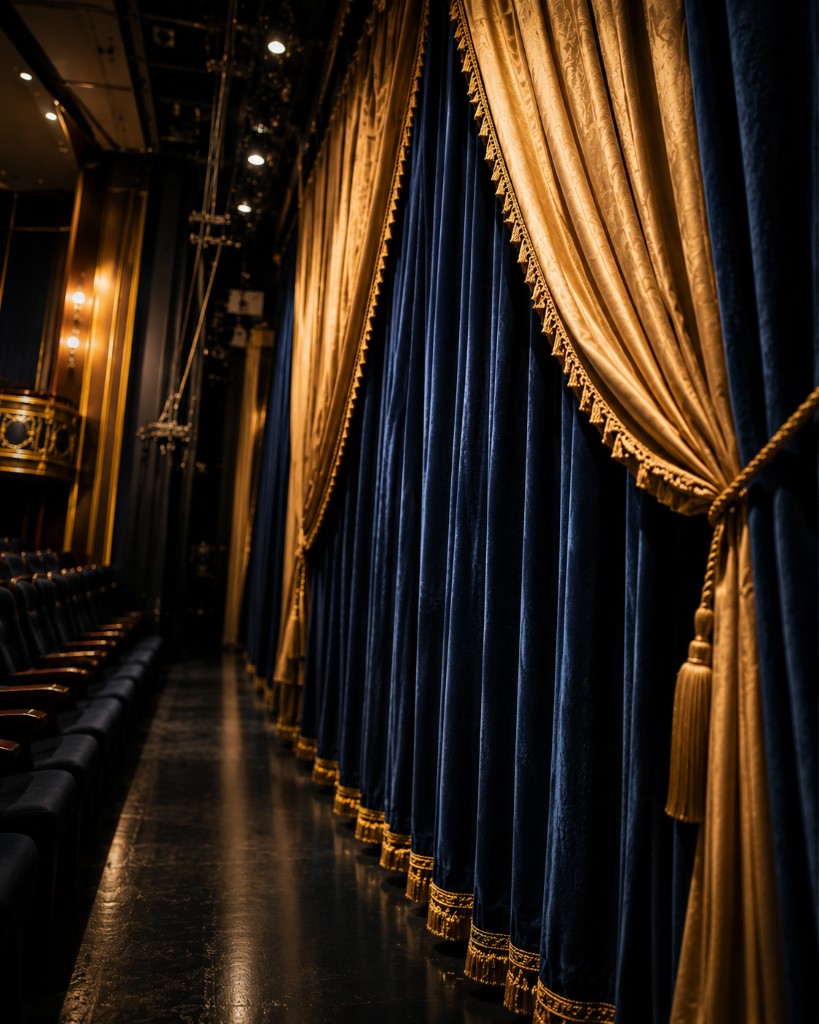 Heavy navy and gold stage drapery in a commercial theater interior