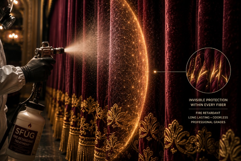 Technician applying SFUG fire retardant treatment to red velvet theater curtains