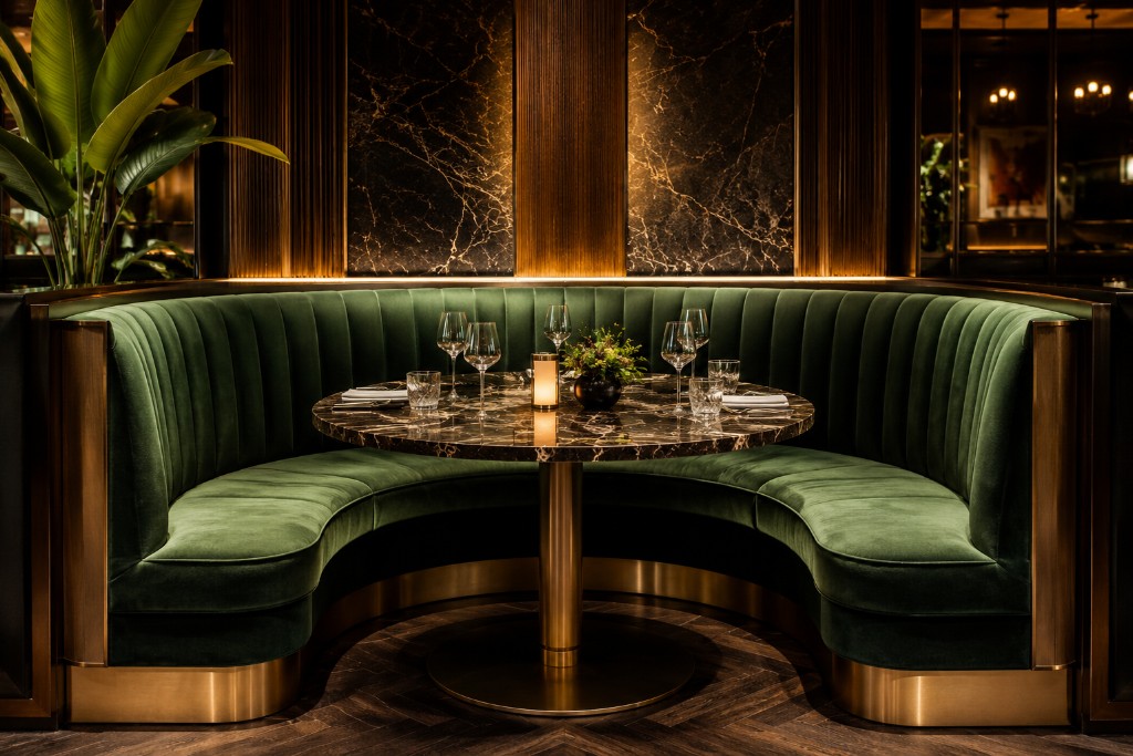 Luxury restaurant booth with green velvet upholstery, marble table, and warm gold-accented dining room