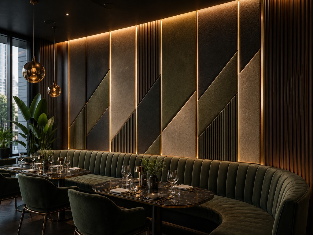 Upscale restaurant interior with navy velvet booth seating and warm ambient lighting