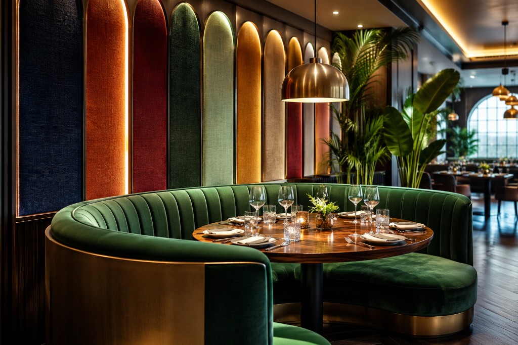 Emerald green velvet restaurant booth with arched color-block wall panels in a luxury dining room