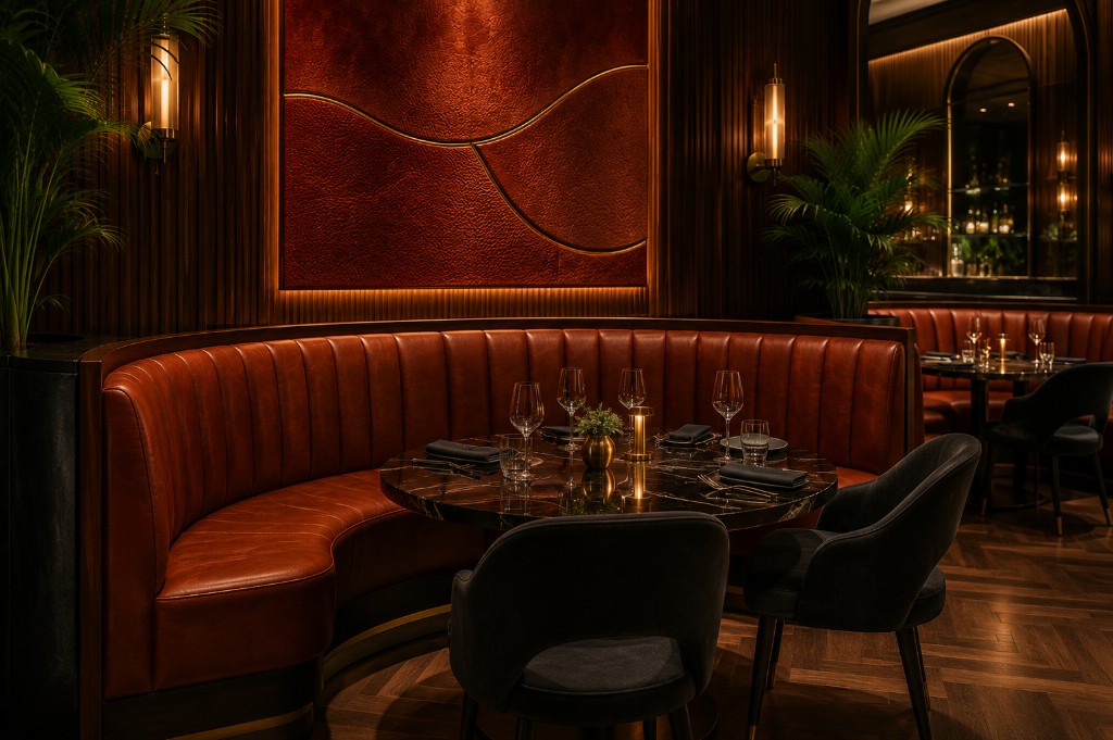 Luxury restaurant banquette with cognac leather seating, marble table, and warm ambient lounge lighting